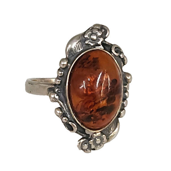 Vintage Sterling Silver Ornate Ring With Large Oval Amber Stone Handmade Floral